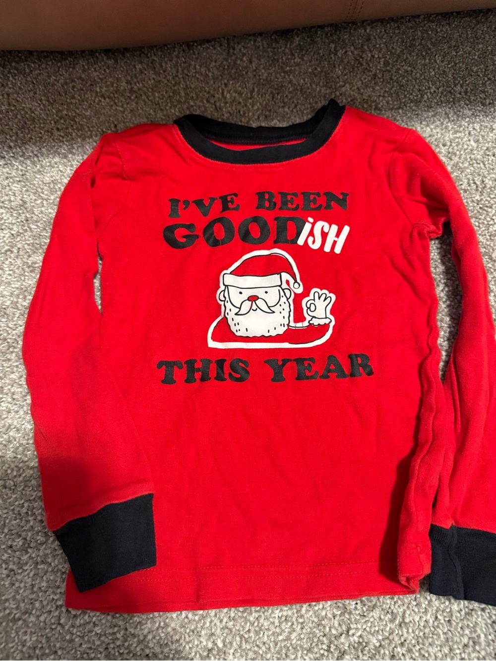 Sara Red Long Sleeve Holiday Santa Graphic Tee with Black Trim